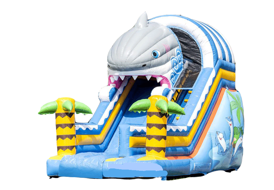 Toboggan Gonflable capote 3D. Décor Requin, crocodile, surf.