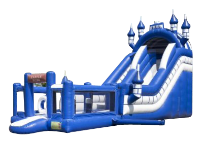 Toboggan aire de jeux gonflable décor château médiéval avec tourelles  - Location et vente de jeux gonflables