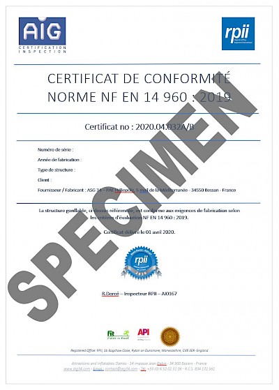 Certification RPII (AIG) de jeux gonflables