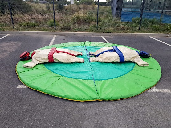 Occasion à saisir : deux costumes de sumo avec casque et tatami