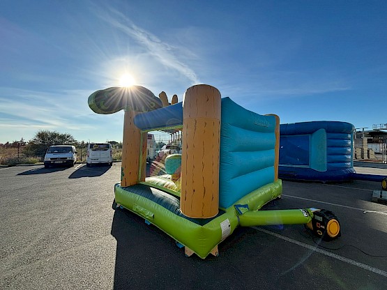 Vue de l'arrière et du côté du château gonflable champêtre, vendu d'occasion