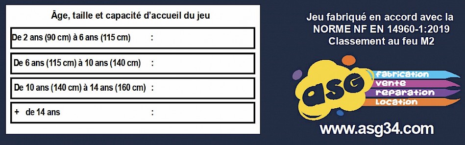Un tableau de la capacité d'accueil du jeu par âge et taille vous est fourni.